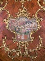 Detail of panelling inlaid with a Persian miniatures of a pleasure garden with people feasting from the Millionen-Zimmer, devised by Nikolaus Pacassi