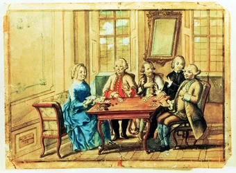 Empress Maria Teresa of Austria playing cards with Field Marshall Karoly Batthyany, Nadasky and Field Marshall Leopold Joseph, Count von Daun, 1751