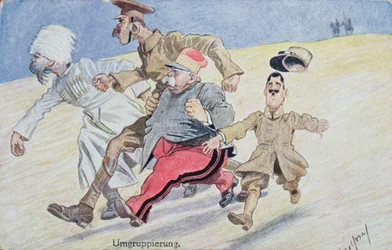Regrouping, Russia, Great Britain, France & Italy fleeing before the Austrians and Germans on the horizon, First World War postcard