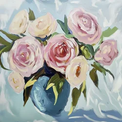 Pink Roses in Blue Vase