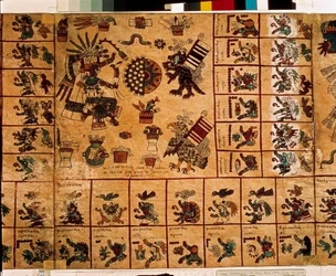 Representation of Aztec deities and boxes corresponding to the calendar. Page of the Aztec manuscript on bark 
