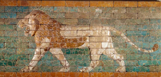 The Processional Way of Babylon erected under the rule of Nebuchadnezzar II (605-562 BC): (detail) of the Ishtar Gate depicting a Mosaic lion of bricks. Babylon, Iraq. Paris. Louvre Museum