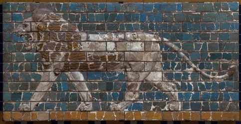 The Processional Way of Babylon erected under the rule of Nebuchadnezzar II (605-562 BC): detail of the Ishtar Gate depicting a Mosaic lion of bricks. Babylon - Archeological Museum Istanbul