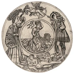 Aristotle and Phyllis, surrounded by a young man and woman with Eros, and reclining nude woman with two children, second half of the 15th century