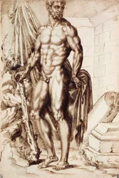 Hercules Turned to the Left, Leaning on his Club, Holding Drapery, by the Ruins of a Temple