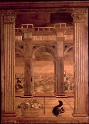 The Study of Federigo da Montefeltro, Duke of Urbino: intarsia panels depicting an extensive landscape seen through the arches of an arcaded terrace, designed by Baccio Pontelli