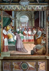 Celestine III consecrating first bishop of Viterbo in 1192, detail of frescoes by Baldassare Croce