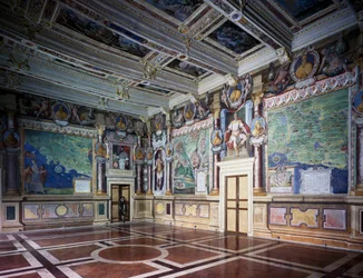 Royal or Hercules Hall with Frescoes, Hercules Hall by Baldassare Croce, Mythological Scenes and Historical Events of City of Viterbo, Wooden Coffered Ceiling, Town Hall, Former Palazzo dei Priori, Viterbo, Lazio, Italy