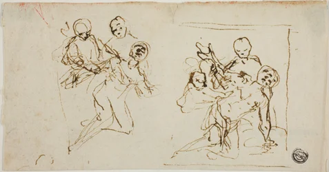 Two Composition Sketches of Collapsing Figure Supported by Two Other Figures (recto); Compositional Sketch of Kneeling Figure Accompanied by Two Other Figures