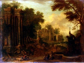 Wooded Landscape with Travellers Resting by Classical Ruins
