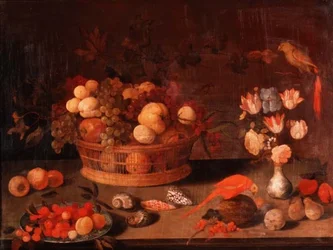 A Still Life of Peaches, Apples and Grapes in a Wicker Basket, Flowers in a Chinese Vase and Two Parrots on a Table