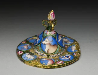 Lidded Bowl, Saucer and Spoon with Astrological Decoration, Early 19th Century