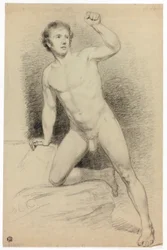 Academic Male Nude Leaning on Platform