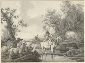 Landscape with a Shepherd and a Rider by a Pool