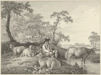 Shepherd with Sheep, a Goat, and a Young Bull in a Landscape