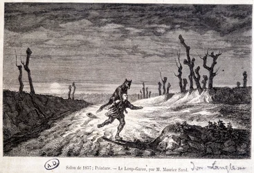 Werewolf attacking a man - after a painting by Maurice Sand exhibited at the Salon of 1857.