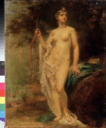 Diana. The nude goddess holds her bow, with a haughty expression, near a river in the forest. Painting by Ernest Karlovich Liphart (1847-1932), oil on canvas. Russian art