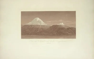 View of Chimborazo and Carguairazo, drawn by Gmelin, engraved by Arnold, illustration from «Vues des Cordillères et Monumens des Peuples Indigènes de l