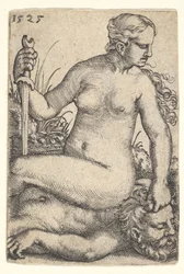 Judith, looking towards the right, seated nude atop the dead body of Holofernes, 1525