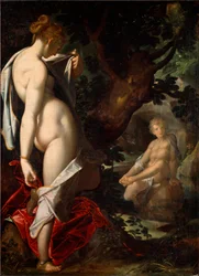 The naiad Salmacis admiring Hermaphrodite bathing in a spring