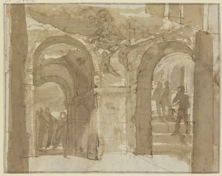 Ancient Vault with Staircase and Several Figures, Above Mary Floats with Angels