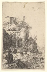 Cascades near Ponte della Trave, with buildings on a rocky outcrop above, from the series