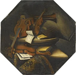 A Still-Life with a Lute, a Violoncello, a Violin, and Musical Scores over a Stone Ledge beside a Carpet