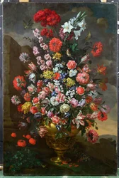 Lilies, Tulips, Carnations, Peonies, Convolvuli and Other Flowers in a Bronze Urn with Birds, a Tortoise and Butterflies in a Landscape