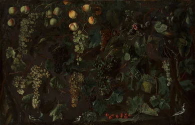 Grape Vines and Fruit, with Three Wagtails