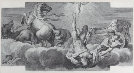 Plate 34: Auriga, the charioteer, falls from the chariot at center, with three horses at l..., 1756