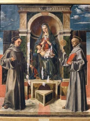 Madonna and Child enthroned between Saint Francis and Saint Bernardino of Siena, c.1490