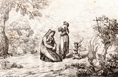 Ciociara Woman Praying in Front of the Cross Where Her Husband Was Killed, etching