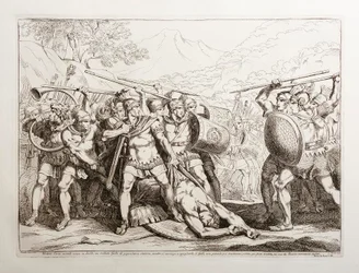 Valerius Corvus having killed a Gallic soldier of gigantic stature in a duel, while he is about to undress him, the Gauls, unable to restrain themselves, run to avenge him, but are completely defeated by the Romans