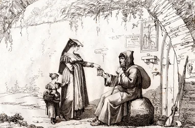 Woman from Frascati and a Hermit, Etching by Bartolomeo Pinelli