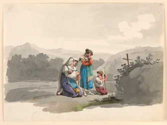 Woman with a Baby Praying Before the Cross Marking the Place Where Her Husband was Killed