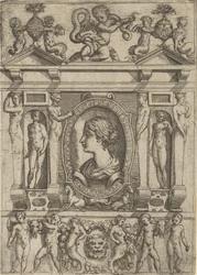 Bust of a Woman in Profile Facing Left, Set in an Elaborate Frame with Figures