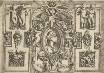 Bust of a Woman in Profile Facing Right, Set Within an Elaborate Frame with Putti