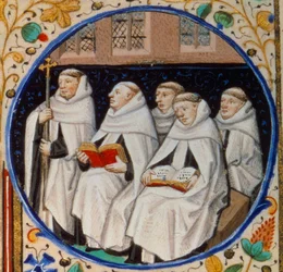 Scene of monastic life. Detail representing monks of the order of the Carmen. Miniature taken from 