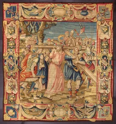 Christ and Simon of Cyrene (the Cyrenean). (Fifth stop of the Way of the Cross (carrying the cross). A piece of the cross bears the inscription I.N.R.I. (INRI). Tapestry made in the manufactures of Brussels. 16th century Genes, Musei di Strada Nuova