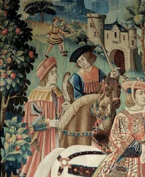 Middle Ages: departure for falconry on horseback. Detail of a silk and wool tapestry from the beginning of the 16th century. From Hainaut. Paris, National Museum of the Middle Ages, Thermes de Cluny