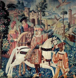 Middle Ages: the beginning of falcon hunting, on horseback. Silk and wool tapestry from the beginning of the 16th century