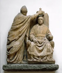 Cardinal Latino di Carlo Orsini (1410-1477) crowns Ferdinand II of Aragon (1452-1516). Marble sculpture by Benedetto da Maiano (1442-1497). Florence, Museo Nazionale del Bargello