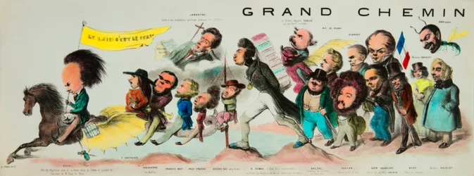 The Great Ride of Posterity. (Riding the romantic Pegasus, Victor Hugo (1802-1885), king of the Hugolaters, armed with his good blade of Toledo and bearing the banner of Notre-Dame de Paris, took Théophile Gautier (1811-1872), Bernard Adolphe Granier