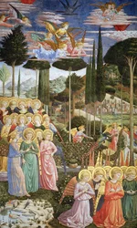 Angels in a heavenly landscape, the left hand wall of the apse, from the Journey of the Magi cycle in the chapel c.1460