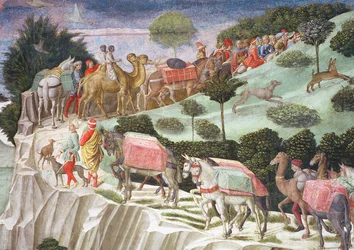 Caravan of pack animals climbing a hill (detail)