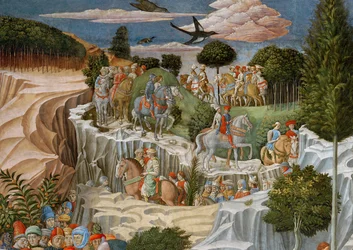 Procession on horseback descending a hill (detail)