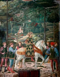The Byzantine Emperor The Journey of the Magi. Cortege of the Magi of Jerusalem to Bethlehem. Detail representing the Byzantine Emperor John VIII Paleologue. Detail. Fresco of the Magi