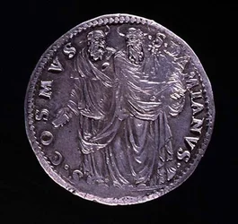 Reverse of Silver Coin Depicting SS Cosimo and Damien Standing and Gazing at One Another