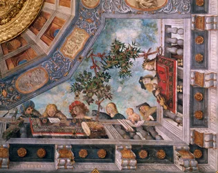 Ladies, musicians and cupids on balcony (detail)