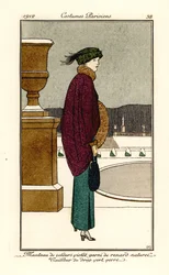 Woman in violet velvet cape trimmed with fox fur, suit of bottle-green wool
